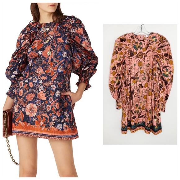 NEW Ulla Johnson Devya Mini Dress (Sz 0) Puff Sleeve Ruffle Trim Blush Floral - Picture 1 of 14